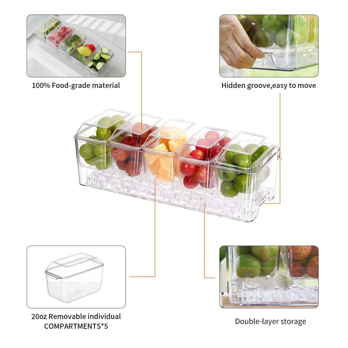 Chilled Condiment Server，Taco Bar Serving Set for Party，15.3" Condiment Serving Platters with 5 Separate Lids and Removable Compartments, Set of 5 Serving Spoons & 2 Clips (5 Containers, 1 pack) 5 Containers