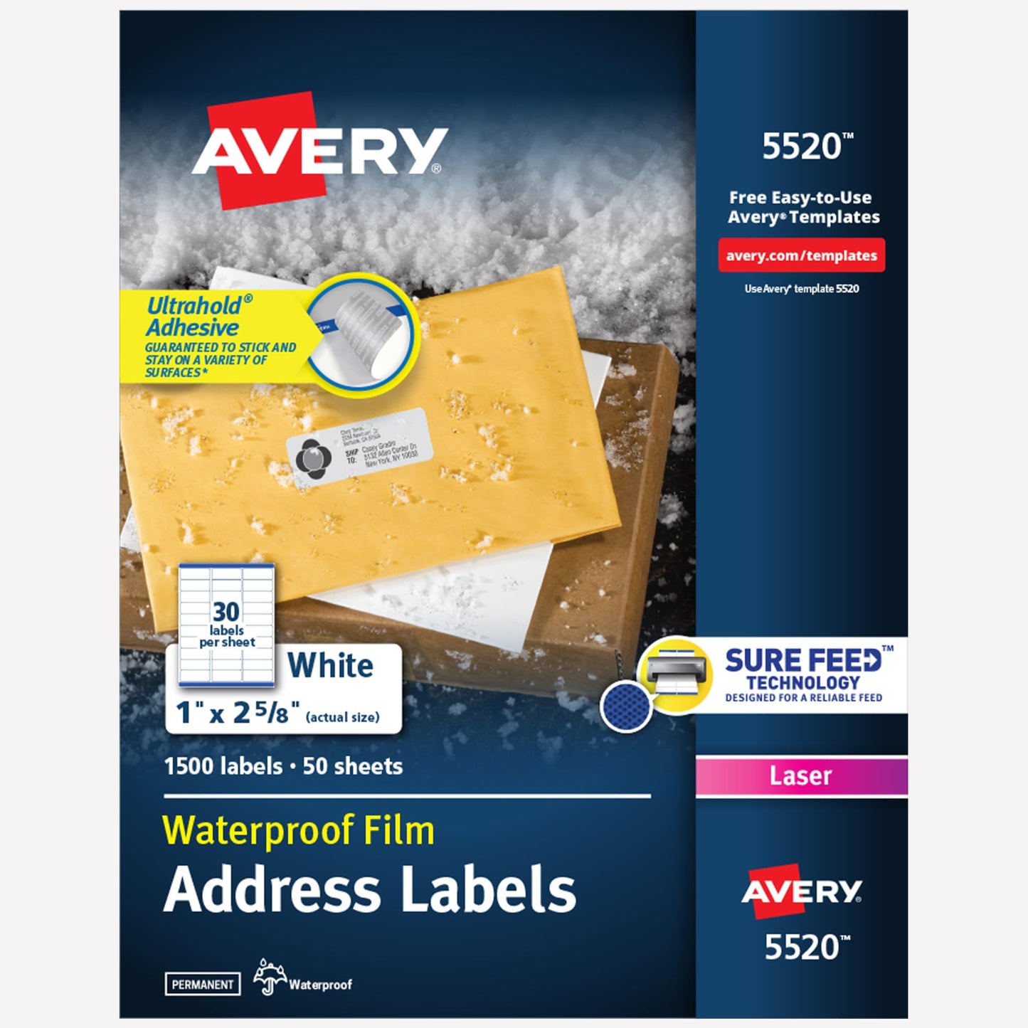 Avery Waterproof Sticker Labels for Printer - 1" x2-5/8 Mailing Labels, Ultrahold Permanent Adhesive, Laser Printers, 1,500 Printable Avery Address Label Sheets (5520) 1500 labels