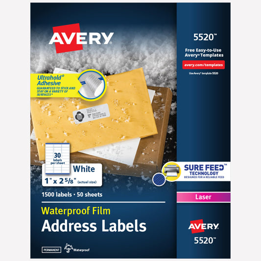 Avery Waterproof Sticker Labels for Printer - 1" x2-5/8 Mailing Labels, Ultrahold Permanent Adhesive, Laser Printers, 1,500 Printable Avery Address Label Sheets (5520) 1500 labels