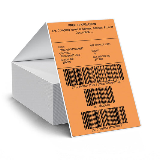 Orange Thermal Labels 4 × 6 Inch Vinyl Fanfold Self-Adhesive Stickers Perforated Waterproof Shipping Printer Decals for Barcode Address Mailing 250 PCS Orange
