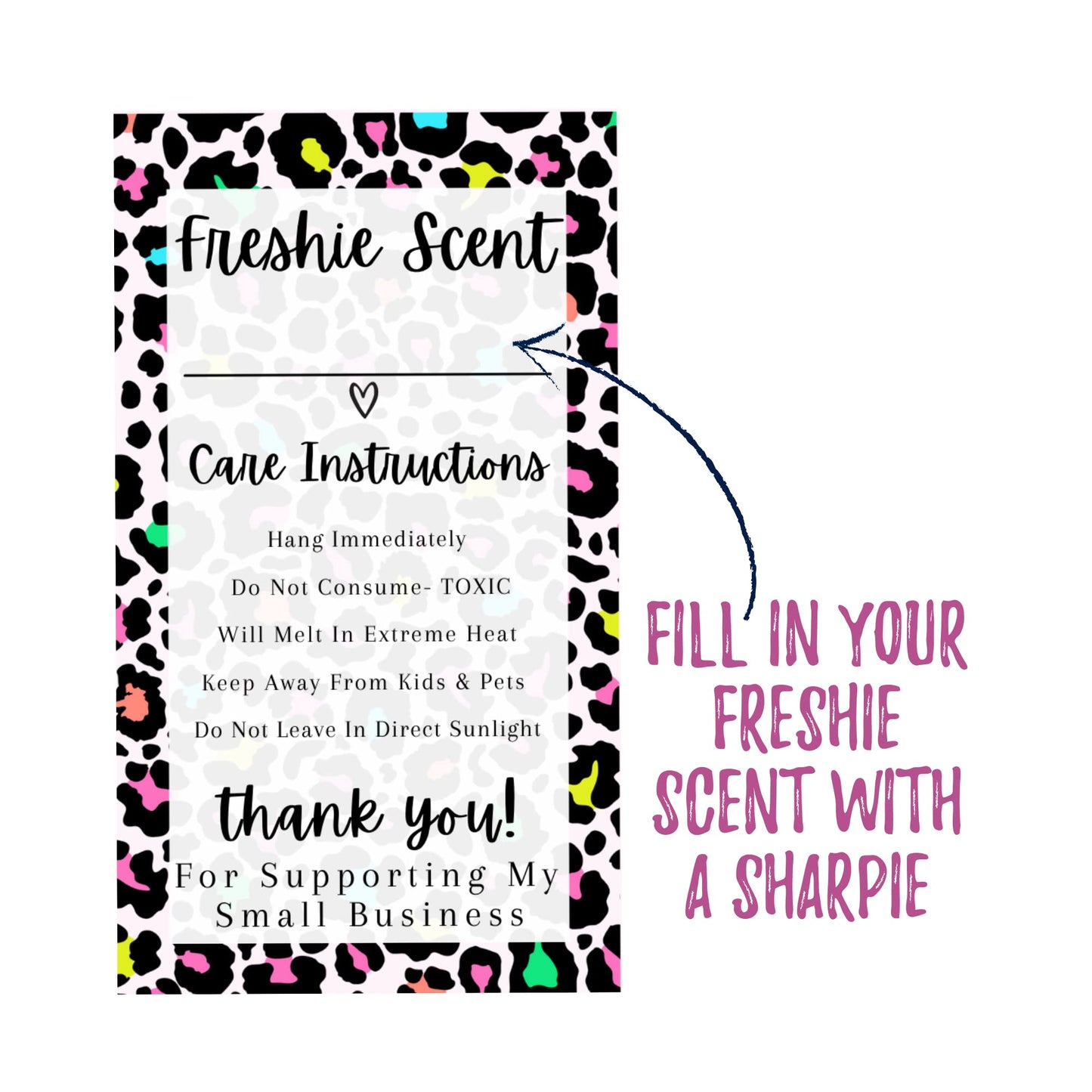 Freshie Warning Care Instruction Card Stickers | 200 Sticker Roll | 2x3.5” Write in Your Scent Line Rainbow Leopard Pink for Scented Bead Molds Aroma Oil Freshie Silicone It’s Getting Hot Labels