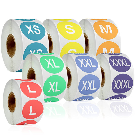 3500 Pcs Clothing Size Sticker Labels, 7 Rolls 1" Colorful Coded Adhesive Labels Round Size Stickers for Clothing T Shirts Retail, 7 Sizes
