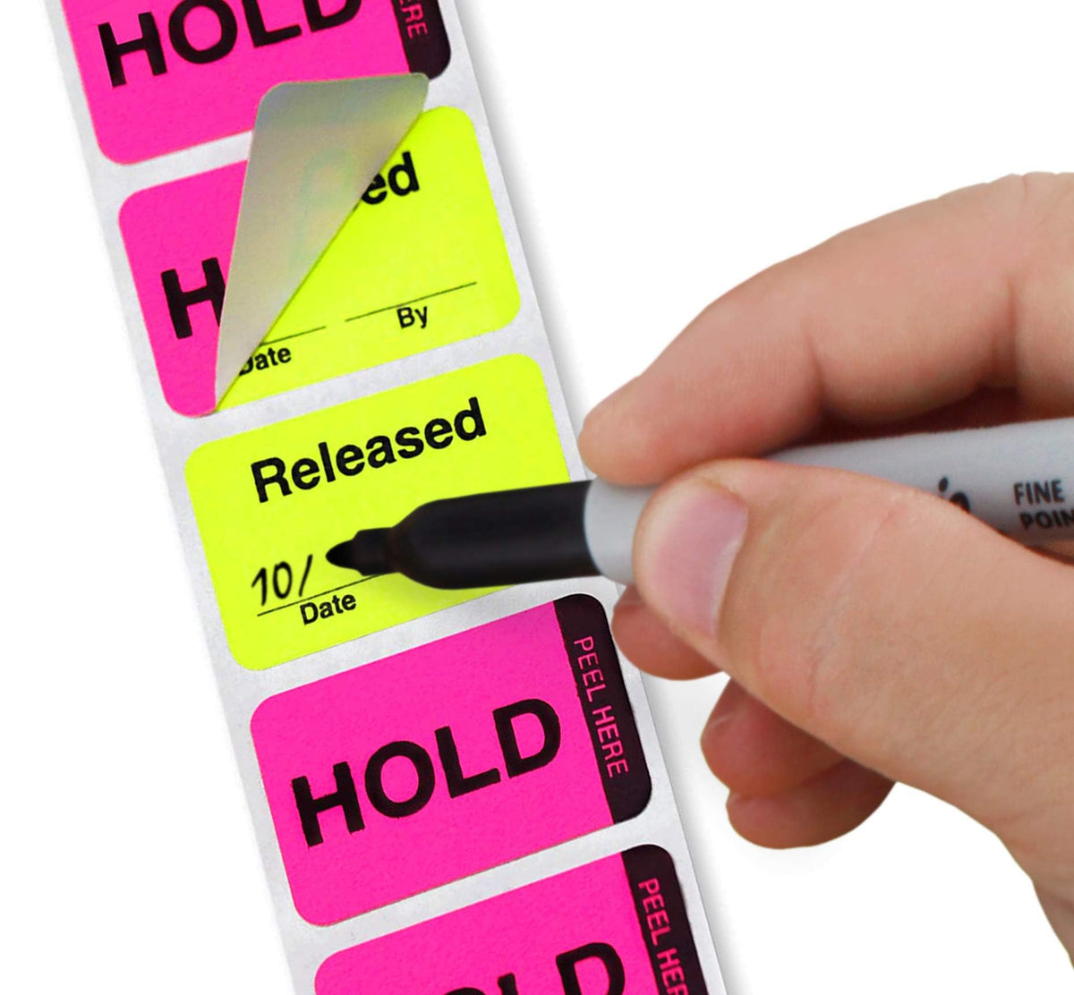 ChromaLabel fluorescent pink and yellow double-layer quality control labels, 1x1.5 inches, imprinted with Hold and Released, in a dispenser box.