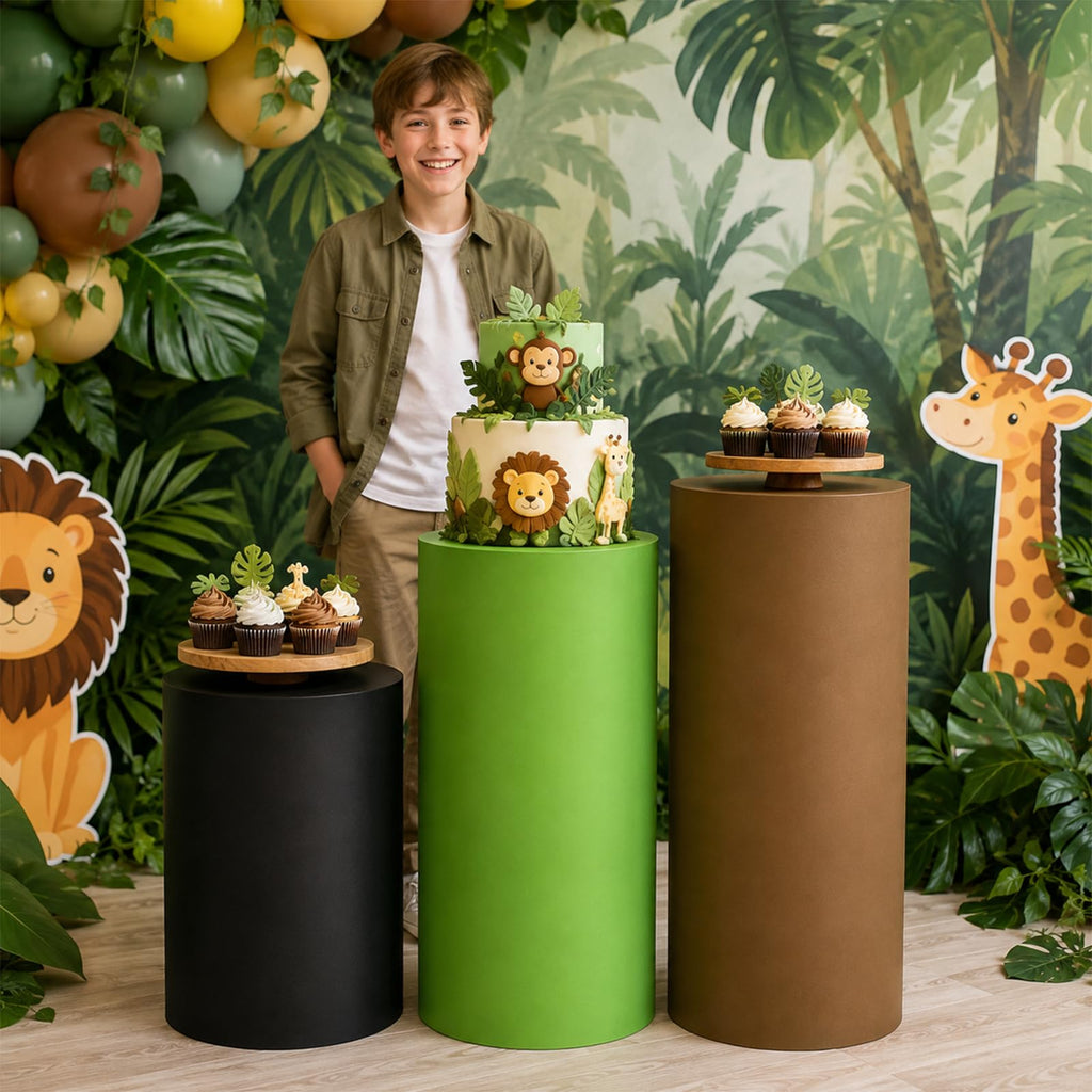 3 Set Forest Dessert Table Display Green Brown Spandex Cylinder Stand Cover Green brown and black