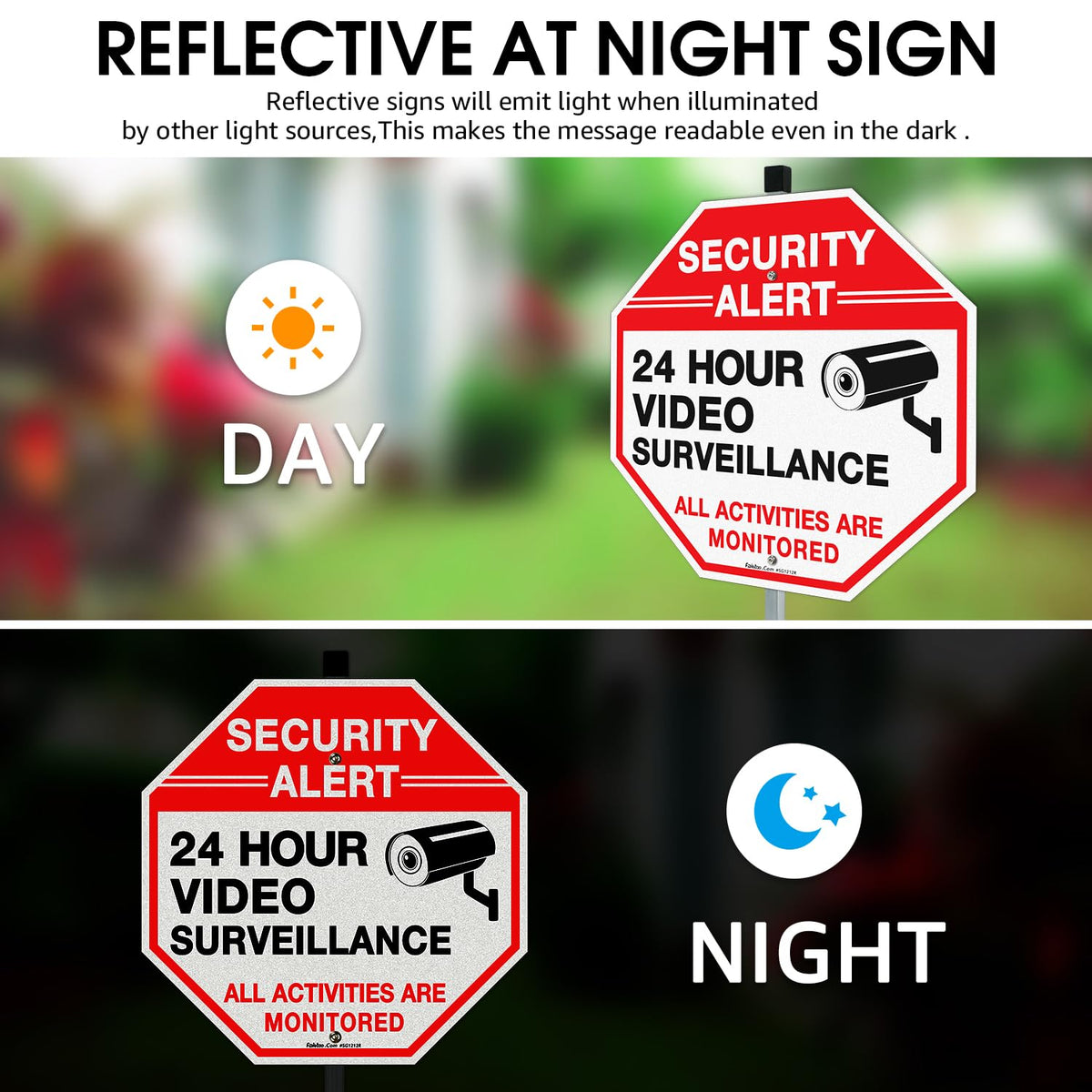 Faittoo Security Sign Video Surveillance Sign with 36" Stake for Outside, 2-Pack 12"x12" Rust Free Heavy Aluminum, Reflective, Fade Resistant, 2 pre-drilled holes, Includes Matching Screws & Wrench, 12"x12" - 2 Pack with 36" Stake