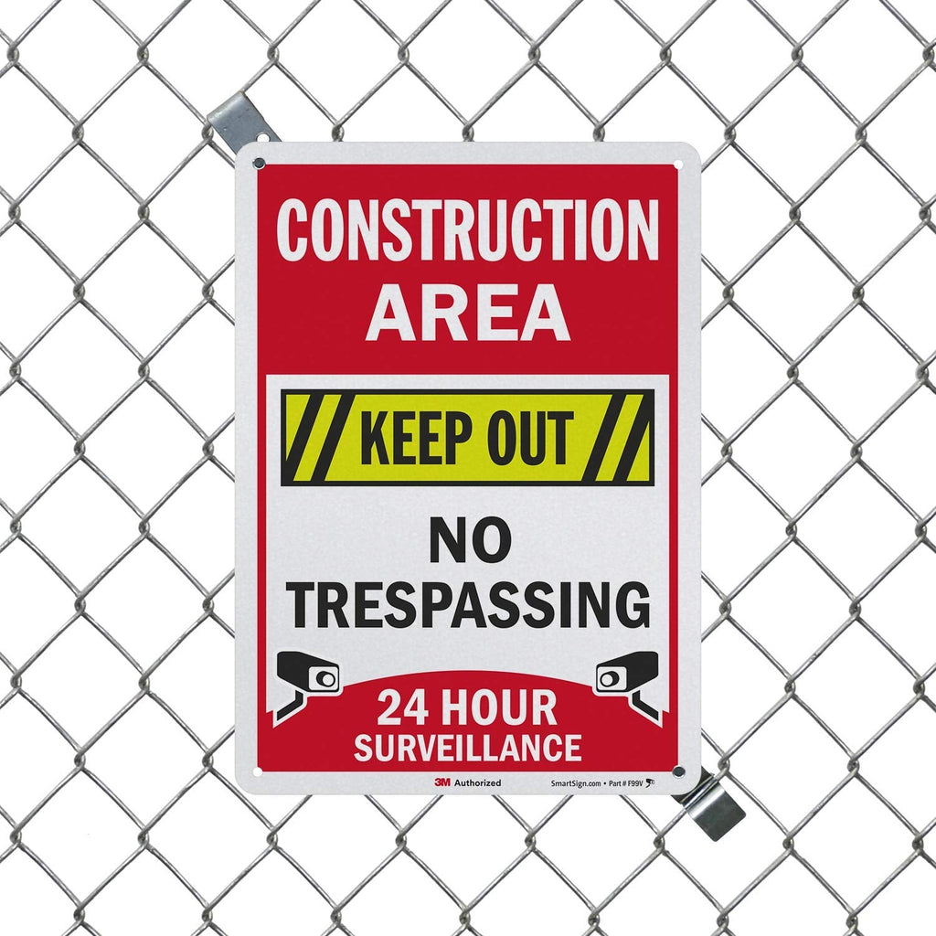 SmartSign “Construction Area - Keep Out, No Trespassing, 24 Hour Surveillance” Sign | 10" x 14" 3M Engineer Grade Reflective Aluminum, Made in USA 10" x 14"