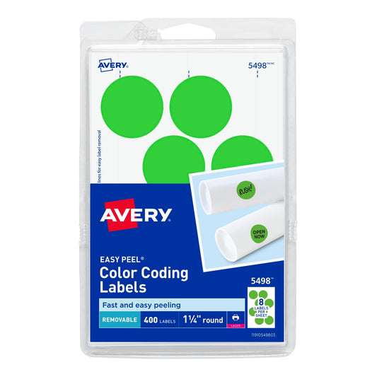 Avery 5498 Removable Print or Write Color Coding Labels for Laser Printers, 1-1/4" Round - Neon Green (Pack of 400)