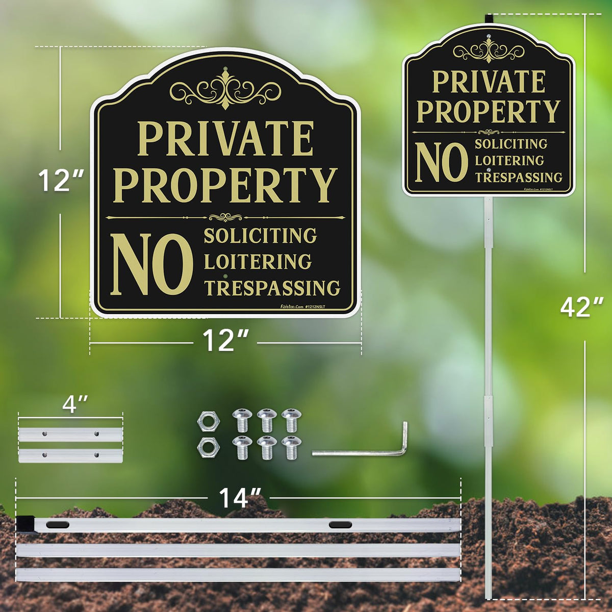 Faittoo Private Property No Soliciting Sign for House with 42" Stake, 2-Pack 12"x12" Rust Free Heavy Aluminum, Reflective, Fade Resistant, 2 Pre-drilled Holes, Includes Matching Screws & Wrench Black Gold - 2 Pack