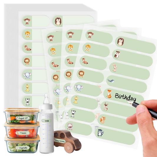 Whaline 320Pcs Baby Bottle Labels for Daycare Watercolor Assorted Animals Self-Laminating Name Labels Green Color Waterproof Write-On Name Stickers Adhesive Back to School Name Tags
