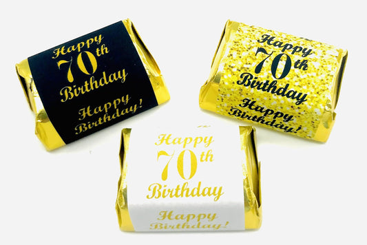 70th Birthday Nuggets Labels, Chocolate Candy Wrapper, (Set of 90) Candy Stickers; 3 Designs: 30 Gold, 30 Black, 30 White, Candy Not Included