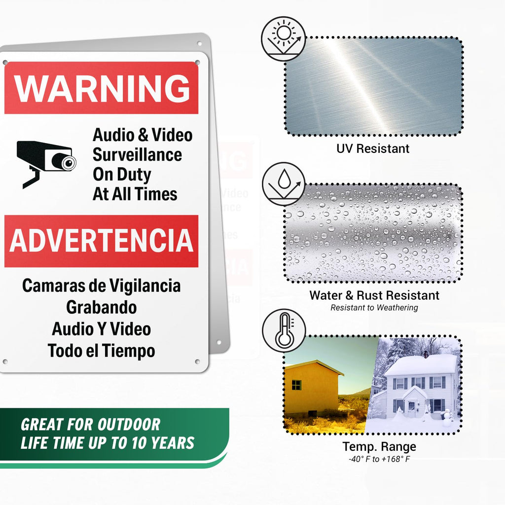 "Warning: Audio & Video Surveillance on Duty at All Times" Sign in English and Spanish for Private Properties - 8" x 12" Aluminum, 4 Pack Warning: Audio & Video Surveillance