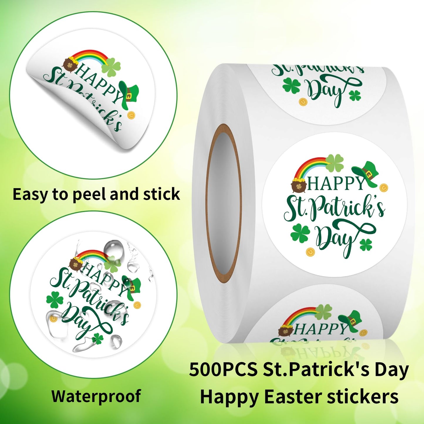 Heyfibro 500 PCS 1.5 Inch St. Patrick's Day Roll Stickers for Small Business, Gift Packing, Cards, Candy Bags, Envelope Seals, Party Supplies (Clover) Clover
