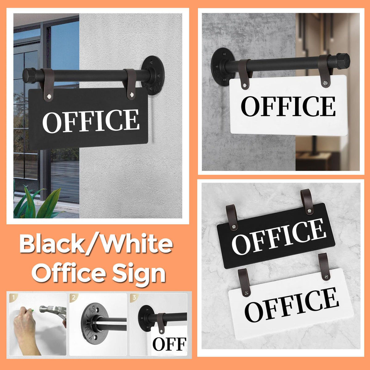 Modern Office Sign 11" x 6" Double-Sided Wall-Mounted Office Door Sign For Business UV Printed Indoor/Outdoor Pre-Drilled Holes with Metal Rod OFFICE - BLACK