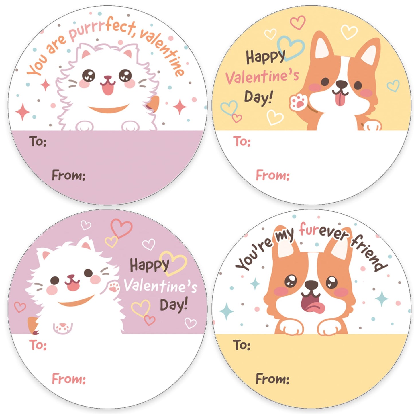 Furever Friends Valentine's Day Stickers for Kids, Cat and Dog to from Valentine Label Stickers - 40 Count