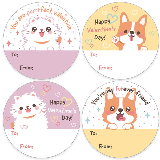Furever Friends Valentine's Day Stickers for Kids, Cat and Dog to from Valentine Label Stickers - 40 Count