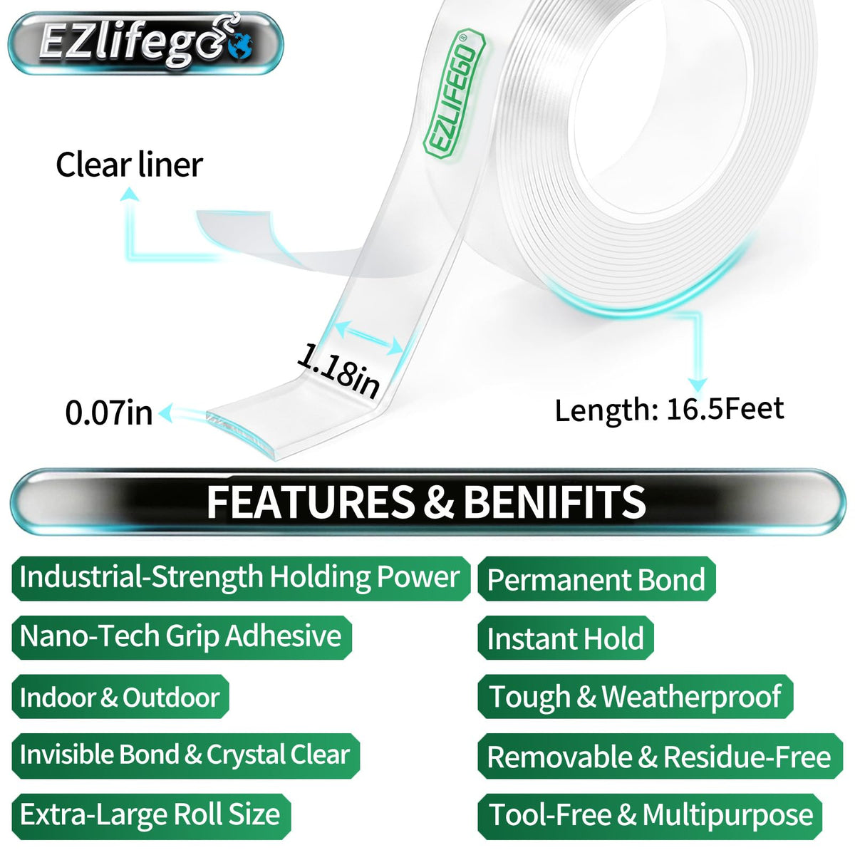 EZlifego Double Sided Tape Heavy Duty(Extra Large 16.5FT), Nano Adhesive Mounting Tape Wall Decor,Sticky Picture Hanging Adhesive Strips Poster Tape 16.5 Feet