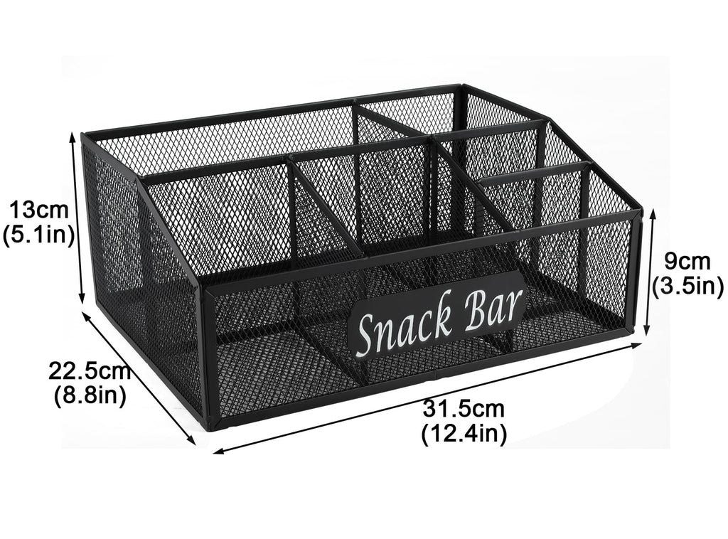 Snack Organizer for Pantry Shelf, Metal Snack Organizer Snack Basket, 6 Compartment Snack Bin Holder Chip Organizer, Snack Bar Station Organizer, Kitchen Pantry Organizer and Storage (Black) 6 Compartments