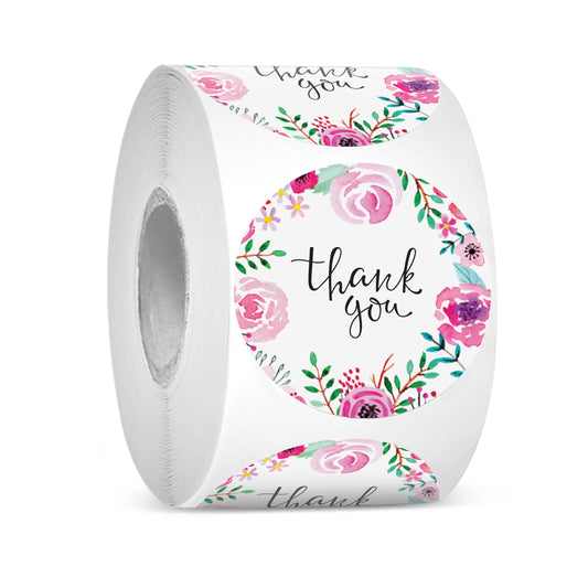 easykart labels 500 Thank You Stickers 1.5" Inch, Pink Water Color Flower Design for Birthdays, Weddings, Giveaways, Bridal Showers and Perfect for Small Business Owners (1 Roll)