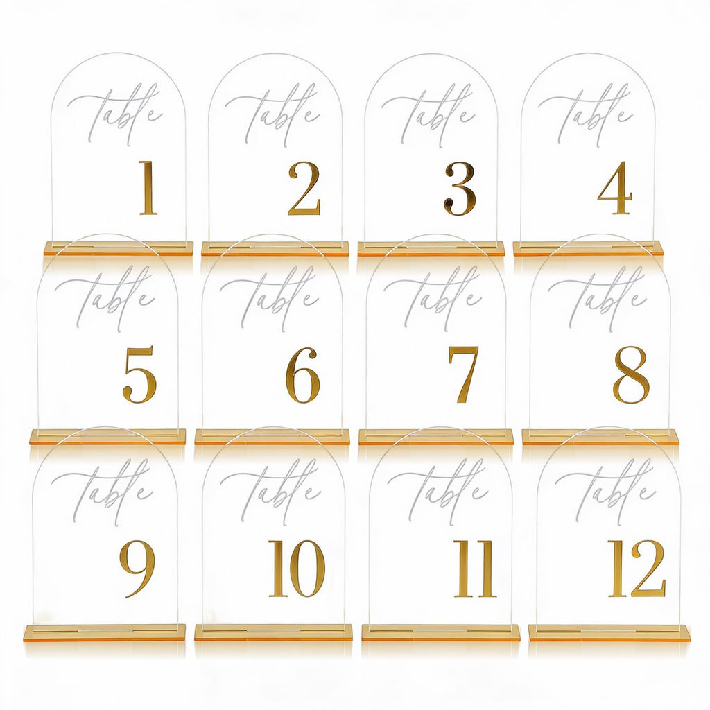 12Pcs Arch Wedding Table Numbers 1-12 with Stands, 5.5" X 7.2" Gold Table Numbers Elegant Clear Acrylic Tables Number with Golden Text for Wedding Reception, Anniversary, Banquet, and Event Decor