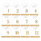 12Pcs Arch Wedding Table Numbers 1-12 with Stands, 5.5" X 7.2" Gold Table Numbers Elegant Clear Acrylic Tables Number with Golden Text for Wedding Reception, Anniversary, Banquet, and Event Decor