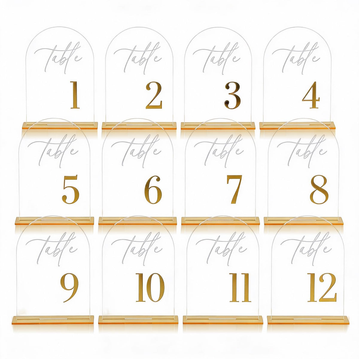 12Pcs Arch Wedding Table Numbers 1-12 with Stands, 5.5" X 7.2" Gold Table Numbers Elegant Clear Acrylic Tables Number with Golden Text for Wedding Reception, Anniversary, Banquet, and Event Decor