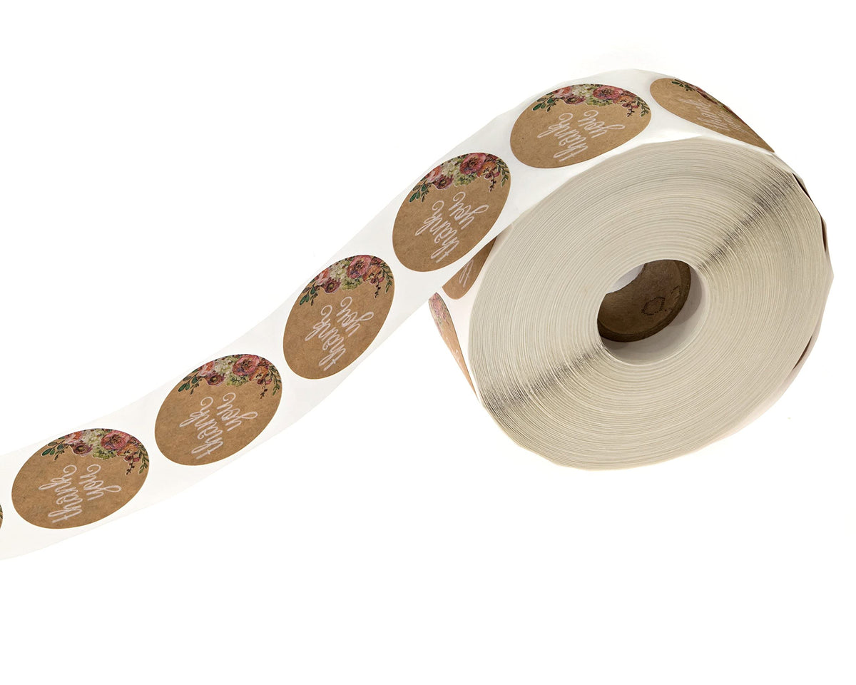 Brown Kraft Floral Thank You Stickers / 1000 Thanks Flowers Labels Roll / 1.5" Round Envelope Seals/Made in The USA Brown