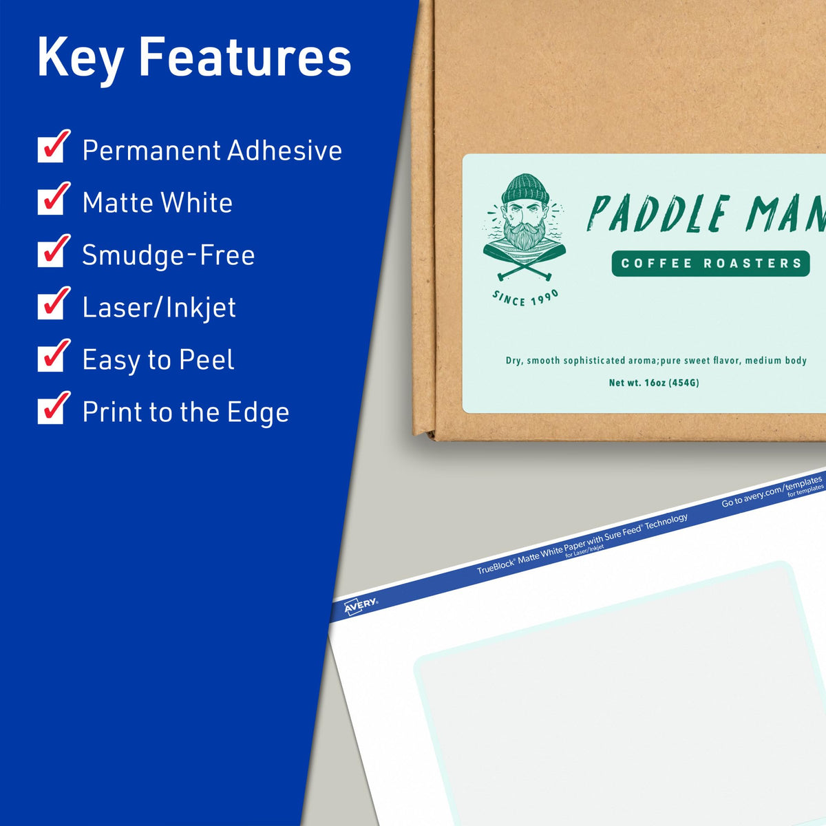 Avery® TrueBlock® Matte White Rectangle Labels, Sure Feed® Technology, 3" x 6", 75 Matte White Labels, Print-to-The-Edge, Laser/Inkjet Printable, Great for Packaging and Product Merchandising 75 labels