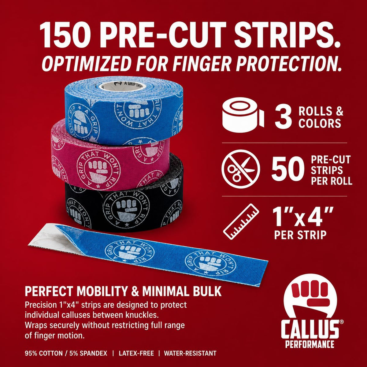 Pre-Cut Finger Tape (1x4") – Slim Hook Grip Tape for Weightlifting, Gymnastics & Rock Climbing – Flexible, Sweat-Proof & No-Residue Adhesive – 3-Pack, 150 Strips Total Athletic Finger Tape