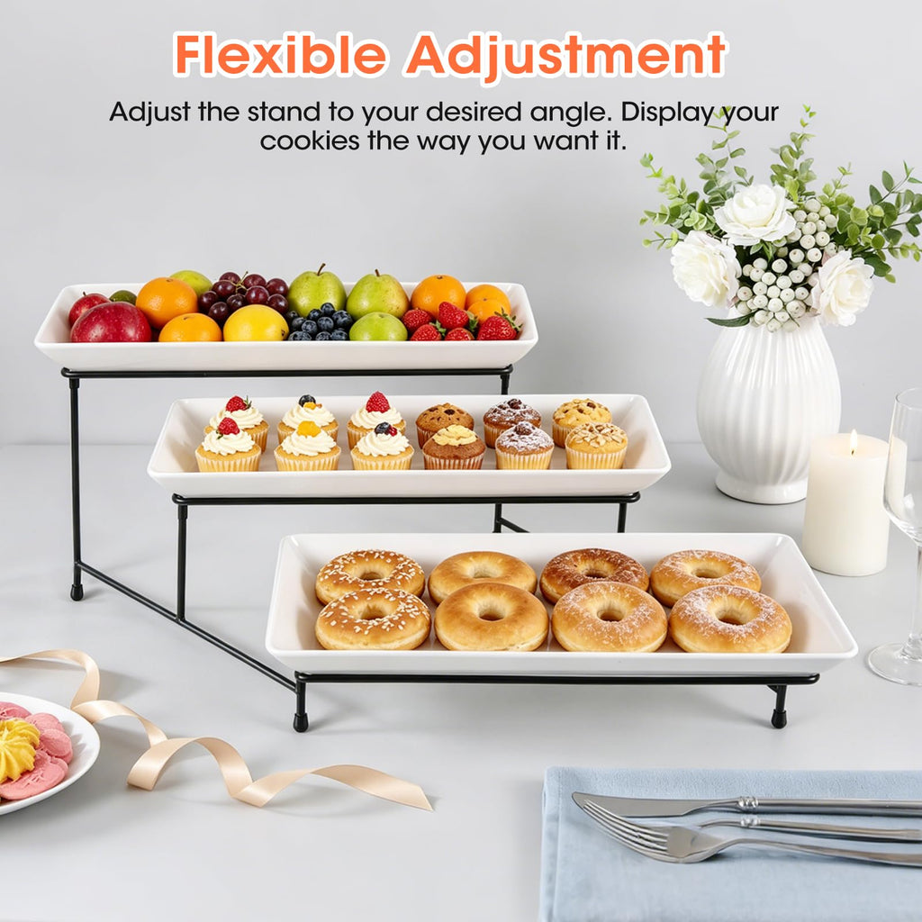 3 Tier Cookie Display Stand, Suitable for Party & Family Gatherings, Tiered Dessert Tray Applicable to Cookies, Desserts, Cupcakes, Fruits, Made of White Color Plastic Trays and Foldable Metal Stand