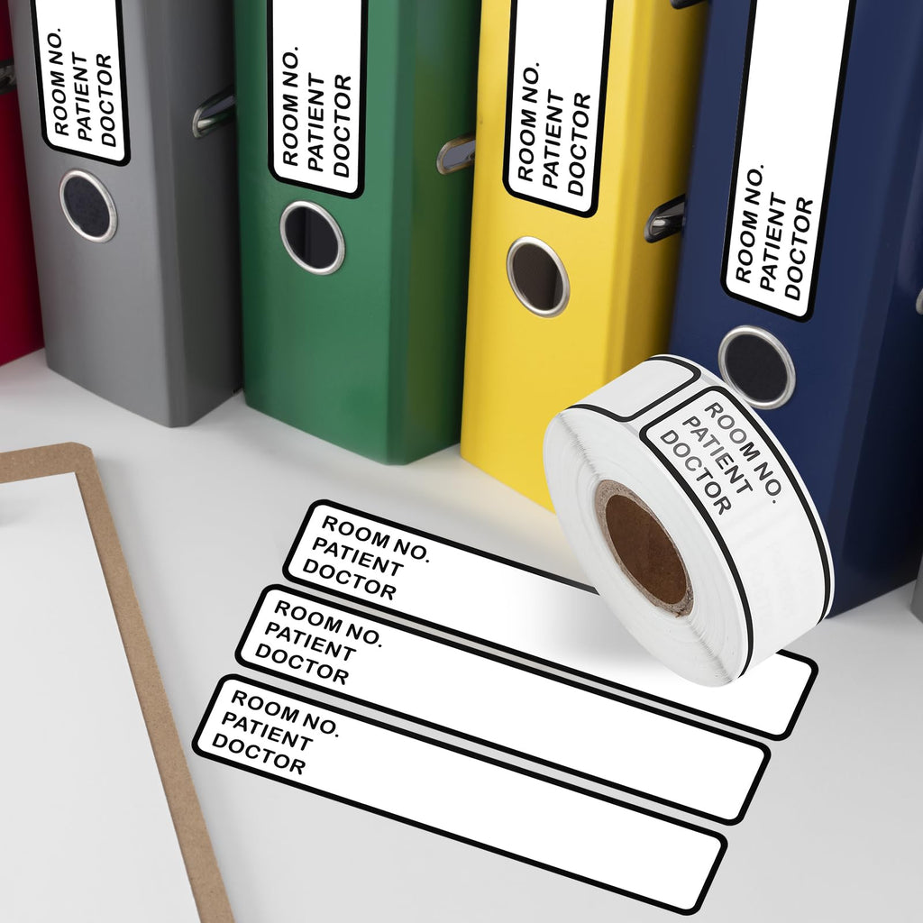 Set of 200 DLUGOPIS medical record labels with adhesive binder spine stickers for patient charts and medical storage bins.