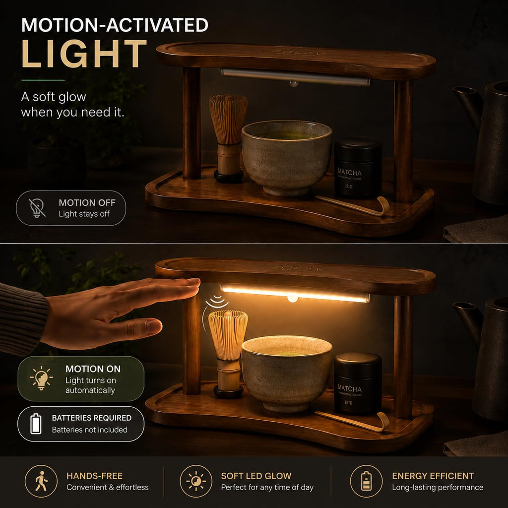 Matcha Station Organizer with Motion Sensor LED Light, 2-Tier Bamboo Matcha Stand Shelf, Countertop Coffee & Tea Station Organizer