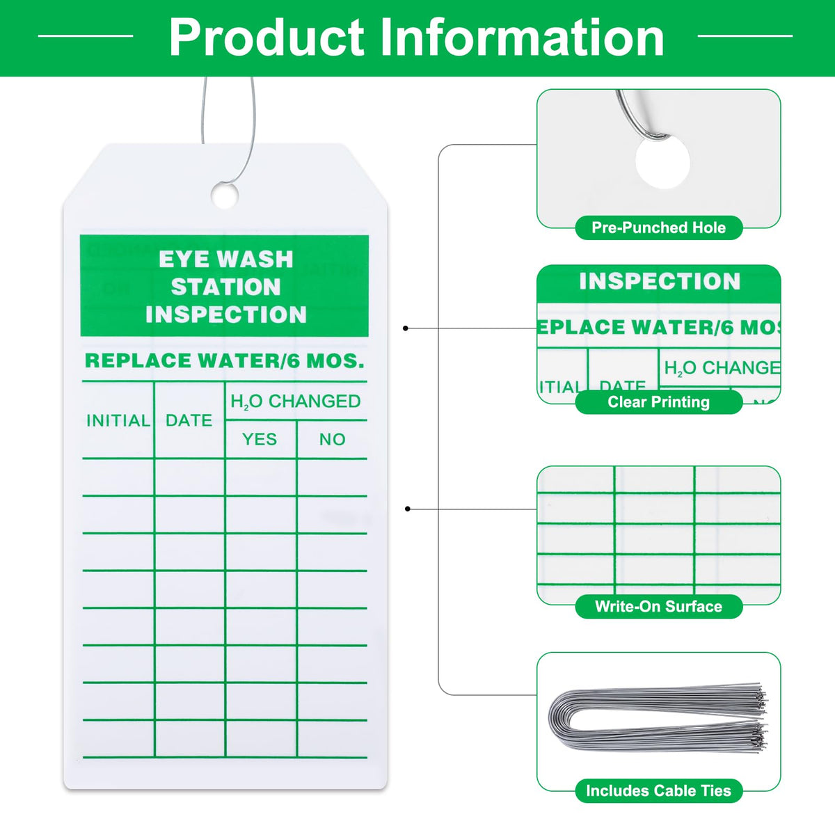 100 PCS Eye Wash Station Inspection Tags Bulk with Wire Ties