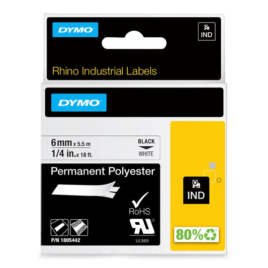 DYMO Rhino Industrial Permanent Polyester Labels, 1/4", Black Print on White Tape 1/4" (6MM)