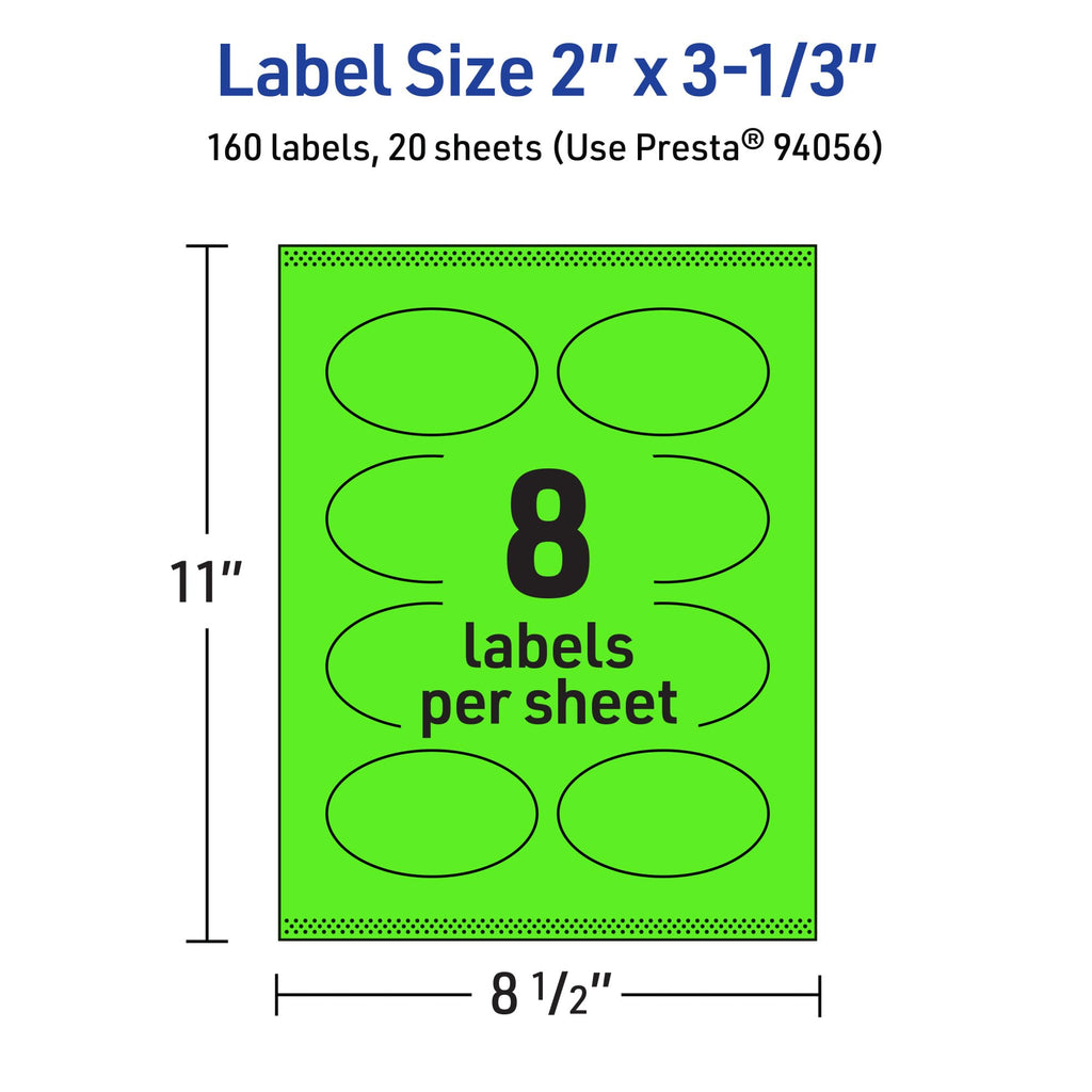 Avery® Printable Oval Labels, Sure Feed® Technology, 2" x 3-1/3", Neon Green Labels, Print-to-The-Edge, Laser/Inkjet Printable, 160 Total, Great for Soaps and Candles 160 labels