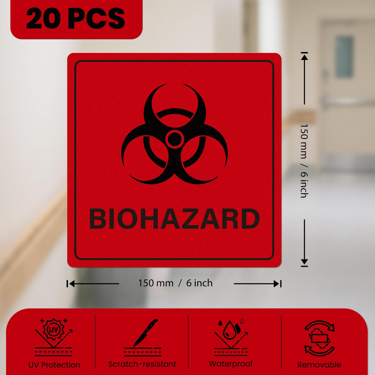 20 Pack Biohazard Warning Stickers 6" x 6" Large Red Self-Adhesive Biohazard Sign Waterproof & Tear-Resistant Safety Signs for Labs Medical Waste Hazardous Containers Facility Warning