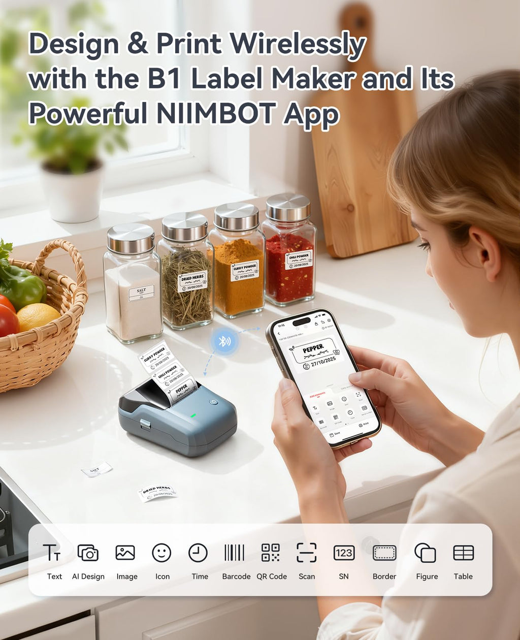 NIIMBOT B1 Label Maker Machine with Tape, 2Inch Thermal Label Printer, Blue 1 Printer+1 Roll Label