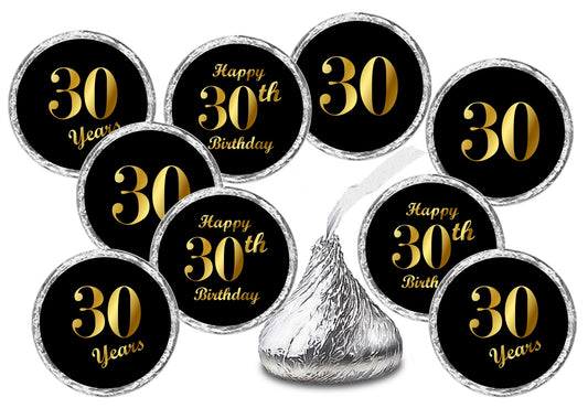 30th Birthday Black Kisses Stickers, (Set of 216) Chocolate Drops Labels Stickers for 30 Birthday, Party Favors Decor for Kisses. Made in USA,