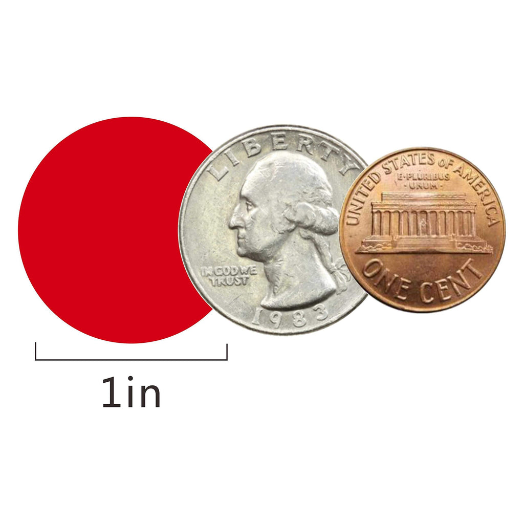 Red PARLAIM 1-inch round adhesive color-code dot stickers on a roll, ideal for office or classroom labeling and organization.