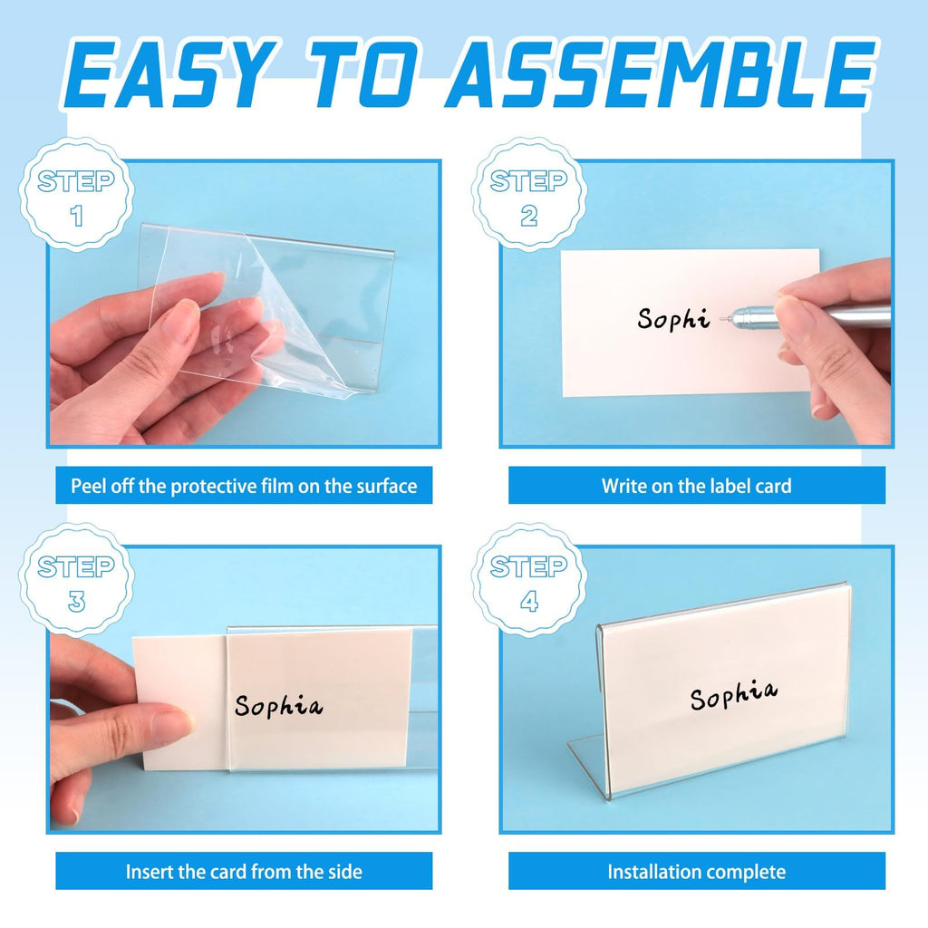 30 Pack Mini Clear Sign Display Holder with Blank Labels,3.5*2.4 Inch Horizontal Slanted L-Shape Plastic Name Card Price Card Tag Label Counter Top Stand