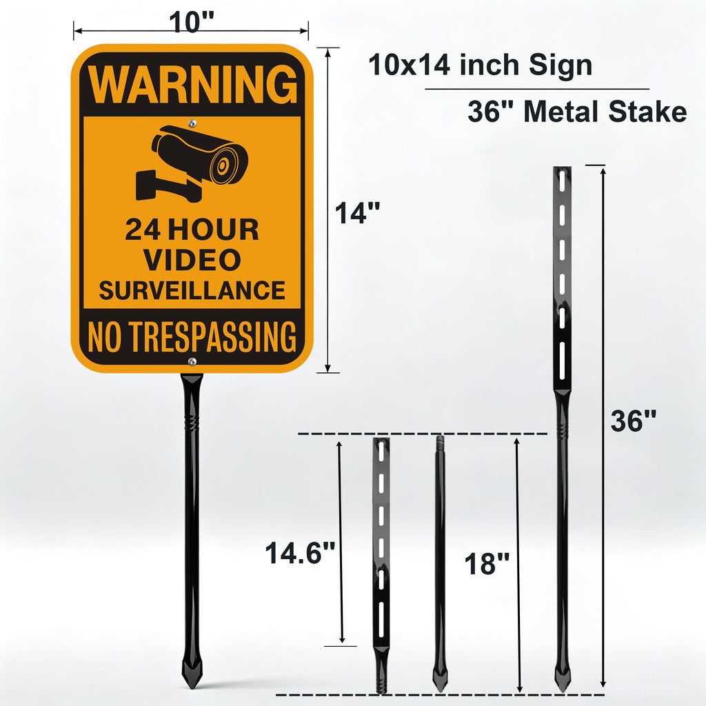 Video Surveillance No Trespassing Warning Sign with 36" Metal Stake, 10x14 Inch Aluminum, Reflective, 2Pack