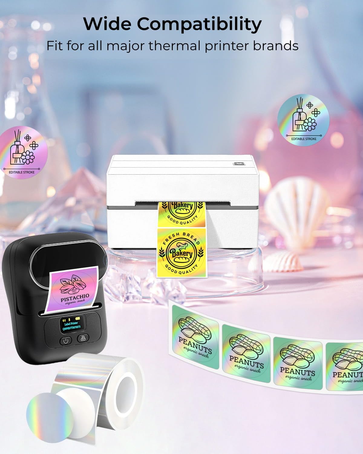 Thermal Printer Stickers 2" Round 900, Circle Thermal Labels BPA Free Holographic-9