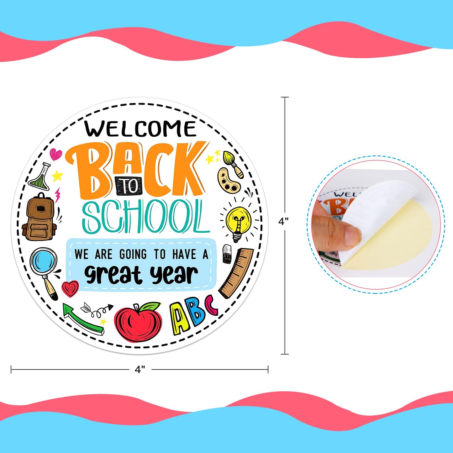 D4DREAM Welcome Back to School Label Sticker for Students 4" Present Stickers Labels for Kids Round Cartoon Reward Encouragement Gifts Stickers Teacher Supplies for Kindergarten Preschool Classroom