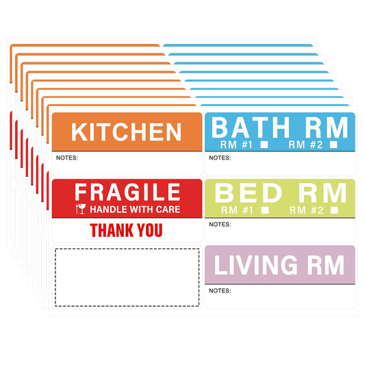 300 pcs Home Moving Labels,5 Pre-Printed Color-Coded Coding Labels with Writable Notes Areas Packing Box Stickers for Boxes with 50 Fragile Stickers & 50 Blank Ones (Each Measures1.7 x 3.6in) 2 x 3 in