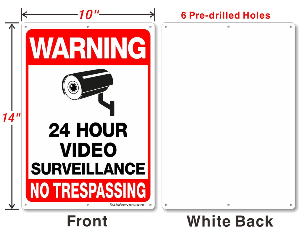 Video Surveillance Sign, No Trespassing Sign, Metal Reflective Warning Sign, 4 Pack, 14x10 Inches .040 Aluminum, Indoor or Outdoor Use for Home Business CCTV Security Camera,UV Protected & Waterproof Red (4-Pack) - 14"x10"