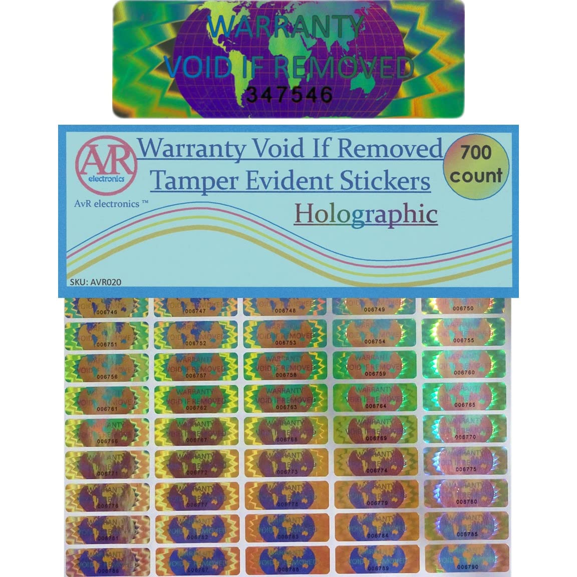 700 Hologram Tamper Evident, Tamper Proof Stickers. Warranty Void If Removed. Individual Serial Numbers. Tamper Foil Tape Labels. Destroyed Upon Removal with Residual Text Left on Item. (700 Stickers) 700 Stickers