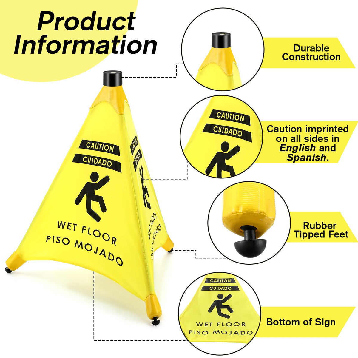 Ceenna 2 Pcs 19.5 Inch Wet Floor Sign Pop-up Safety Cone with Storage Tube Wet Floor Symbol Yellow Warning Sign for Retail, Grocery, Office, Cinema, Restaurant, Mall
