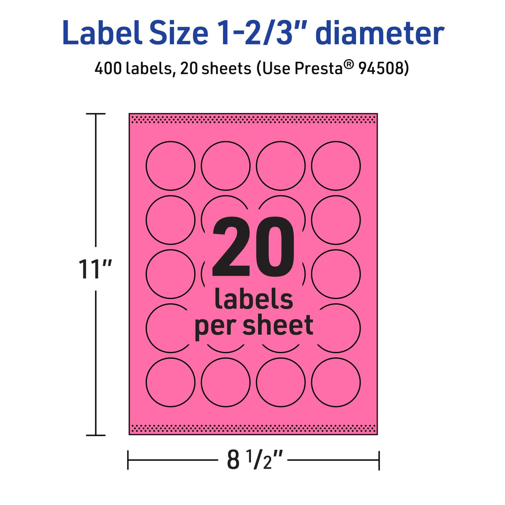 Avery Printable Round Labels, Sure Feed Technology, 1-2/3" Diameter, Bright Pink Labels, Print-to-The-Edge, Laser/Inkjet Printable, 400 Total, Great for Stickers and Candles 400 Labels