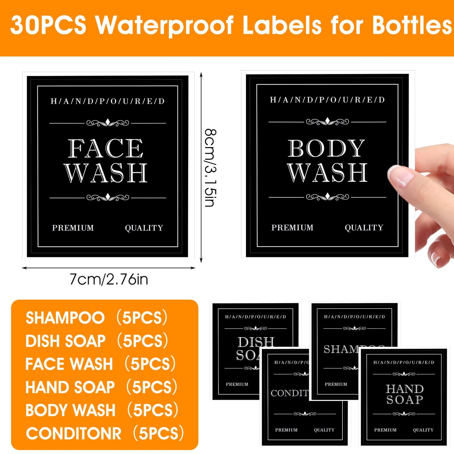 Waterproof Labels for Bottles, 30Pcs Removable Bathroom Organization Stickers for Hand/Dish Soap Shampoo Conditioner Body/Face Wash, Toiletry Labels for Plastic/Glass Bottles