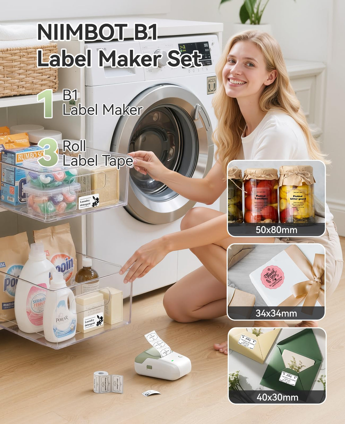 NIIMBOT B1 Label Maker Machine with 3 Tapes, 2Inch Thermal Label Printer Green 1 Printer+3 Roll Labels