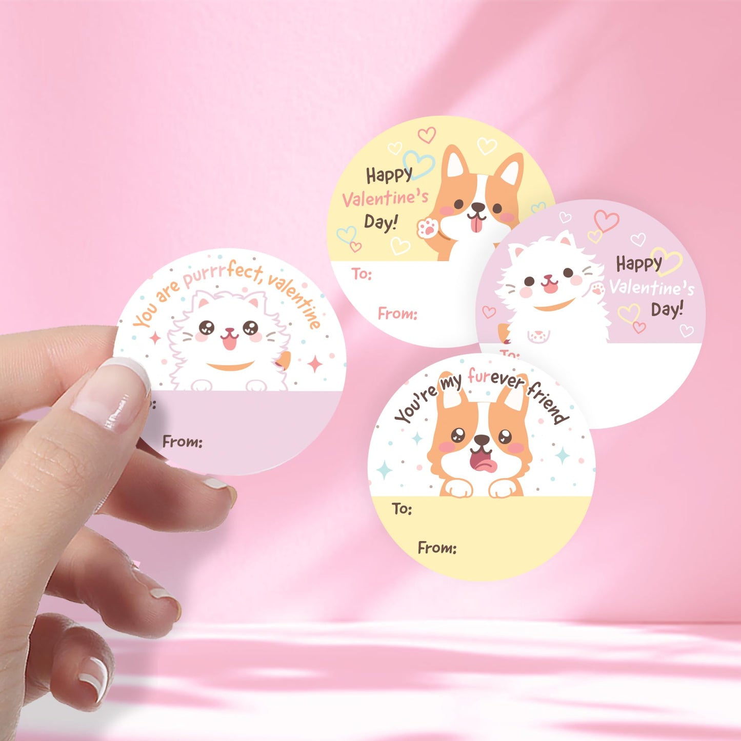 Furever Friends Valentine's Day Stickers for Kids, Cat and Dog to from Valentine Label Stickers - 40 Count